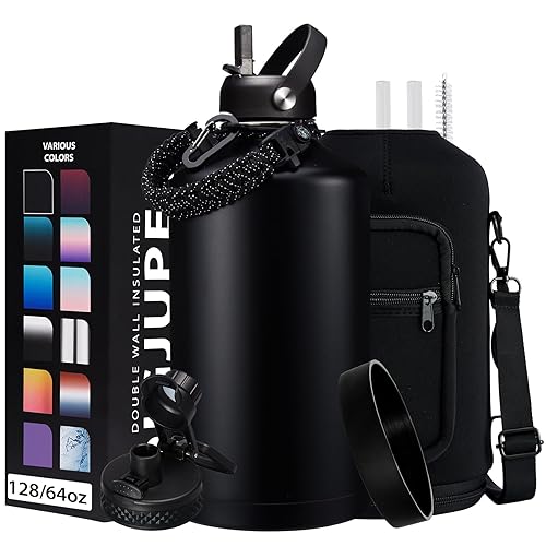 128OZ Insulated Water-Bottles with Strap - 1 Gallon Large Water Jug with Straw & Spout Lid  Stainless Steel Water Bottle Leak Proof  Cold-48h Hot-24h Metal Water Flask w/ Paracord Handle  Carrier Bag